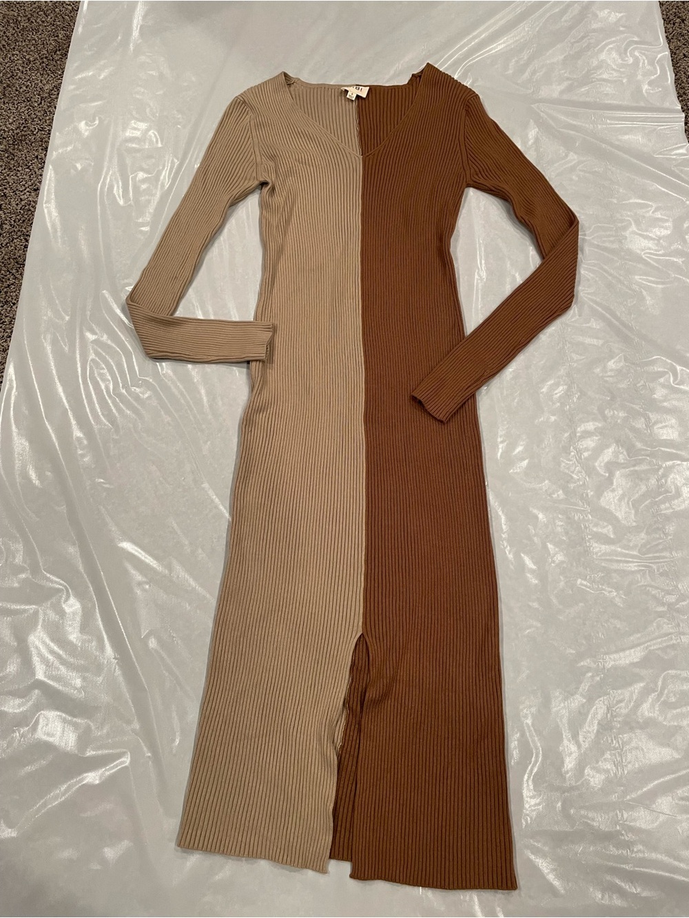 BiBi Two-Tone Rib Knit Long Sleeve Midi Dress — Beige & Brown